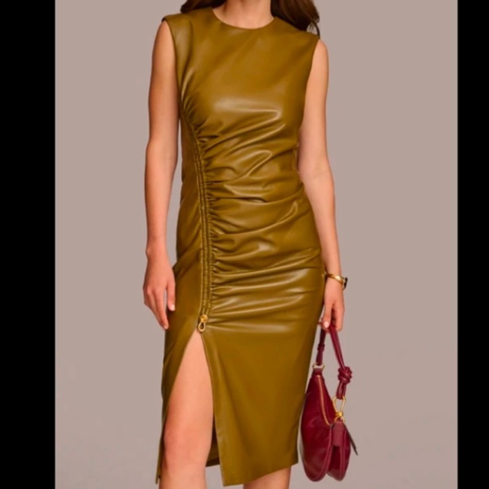NWT Donna Karan Faux Leather Ruched Side Dresss
